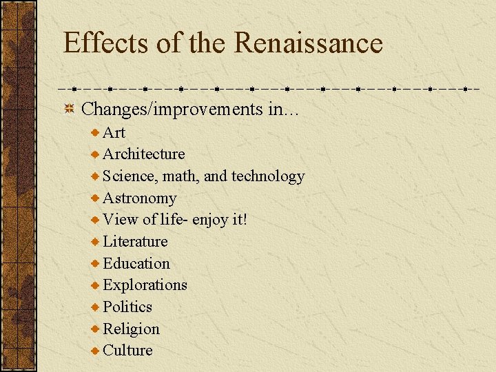 Effects of the Renaissance Changes/improvements in… Art Architecture Science, math, and technology Astronomy View