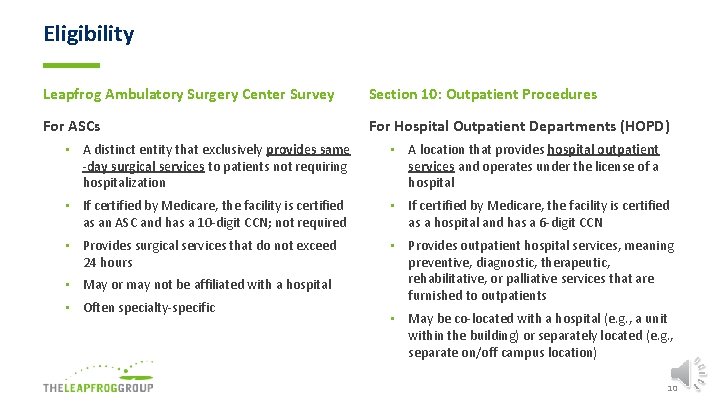 Eligibility Leapfrog Ambulatory Surgery Center Survey Section 10: Outpatient Procedures For ASCs For Hospital