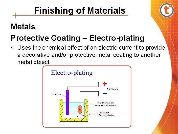 Finishing of Materials Metals Protective Coating – Electro-plating • Uses the chemical effect of