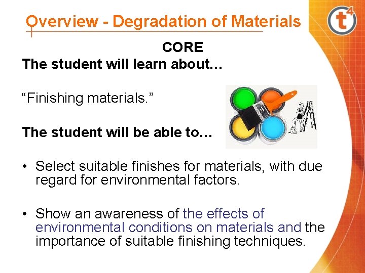 Overview - Degradation of Materials CORE The student will learn about… “Finishing materials. ”