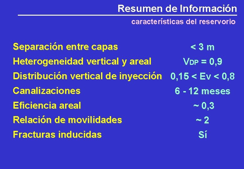 Resumen de Información características del reservorio Separación entre capas Heterogeneidad vertical y areal <3 Resumen de Información características del reservorio Separación entre capas Heterogeneidad vertical y areal <3