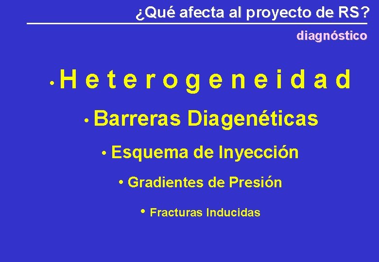 ¿Qué afecta al proyecto de RS? diagnóstico • Heterogeneidad • Barreras Diagenéticas • Esquema ¿Qué afecta al proyecto de RS? diagnóstico • Heterogeneidad • Barreras Diagenéticas • Esquema