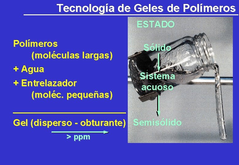 Tecnología de Geles de Polímeros ESTADO Polímeros (moléculas largas) + Agua + Entrelazador (moléc. Tecnología de Geles de Polímeros ESTADO Polímeros (moléculas largas) + Agua + Entrelazador (moléc.