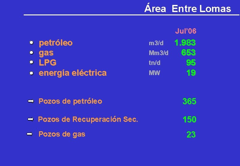 Área Entre Lomas Jul’ 06 petróleo gas LPG energía eléctrica m 3/d Mm 3/d Área Entre Lomas Jul’ 06 petróleo gas LPG energía eléctrica m 3/d Mm 3/d