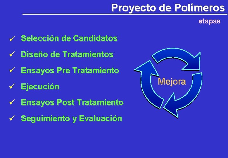Proyecto de Polímeros etapas Selección de Candidatos Diseño de Tratamientos Ensayos Pre Tratamiento Ejecución Proyecto de Polímeros etapas Selección de Candidatos Diseño de Tratamientos Ensayos Pre Tratamiento Ejecución