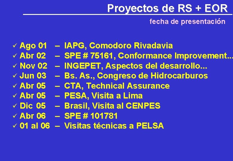 Proyectos de RS + EOR fecha de presentación Ago 01 Abr 02 Nov 02 Proyectos de RS + EOR fecha de presentación Ago 01 Abr 02 Nov 02