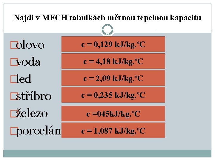 Najdi v MFCH tabulkách měrnou tepelnou kapacitu �olovo c = 0, 129 k. J/kg.