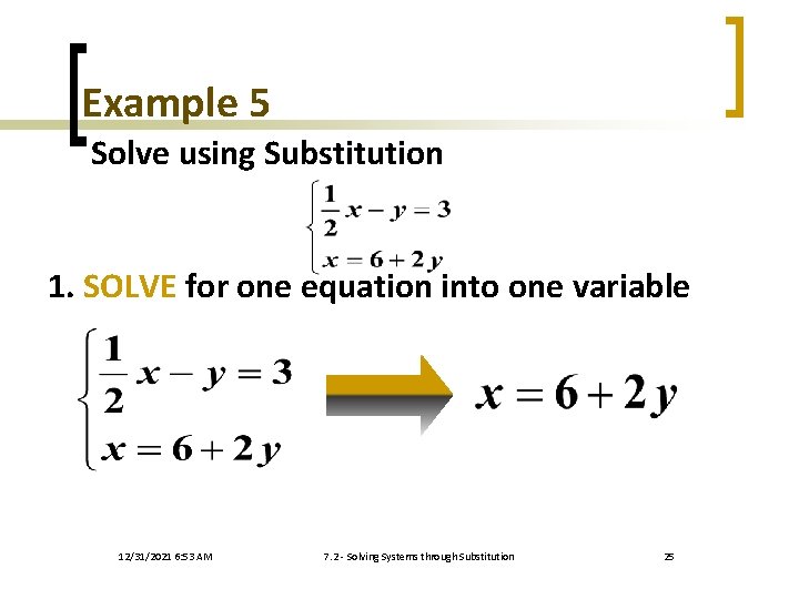 Example 5 Solve using Substitution 1. SOLVE for one equation into one variable 12/31/2021