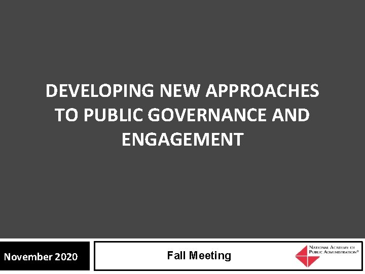 DEVELOPING NEW APPROACHES TO PUBLIC GOVERNANCE AND ENGAGEMENT November 2020 Fall Meeting 