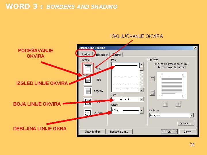 WORD 3 : BORDERS AND SHADING ISKLJUČVANJE OKVIRA PODEŠAVANJE OKVIRA IZGLED LINIJE OKVIRA BOJA