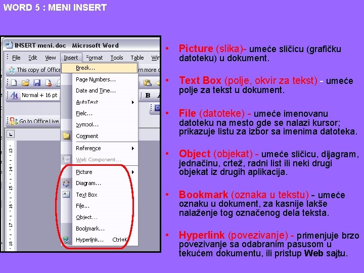 WORD 5 : MENI INSERT • Picture (slika)- umeće sličicu (grafičku datoteku) u dokument.