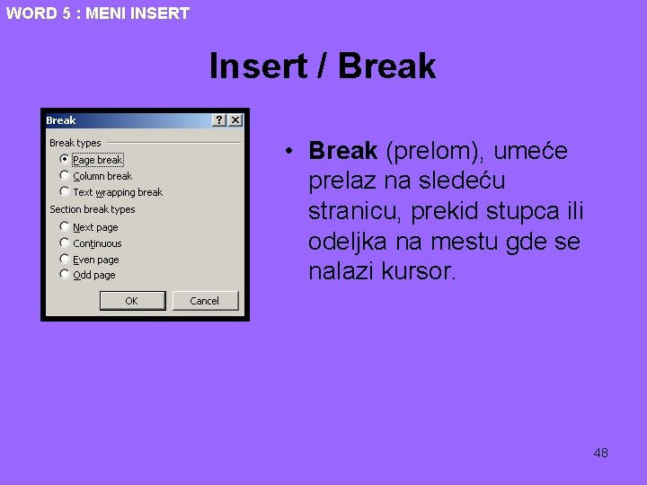 WORD 5 : MENI INSERT Insert / Break • Break (prelom), umeće prelaz na