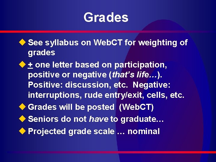 Grades u See syllabus on Web. CT for weighting of grades u + one