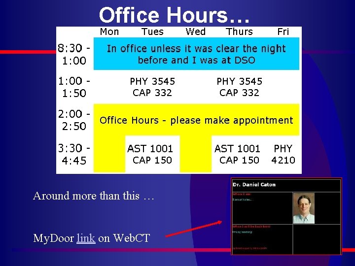 Office Hours… Around more than this … My. Door link on Web. CT 