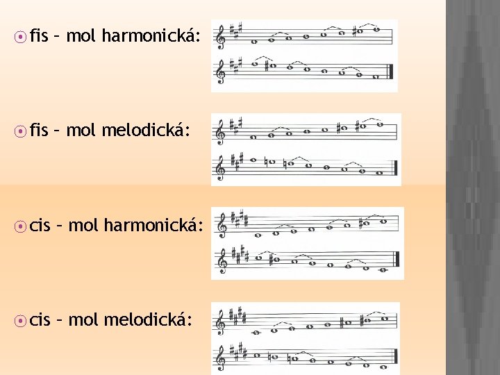 ⦿ fis – mol harmonická: ⦿ fis – mol melodická: ⦿ cis – mol