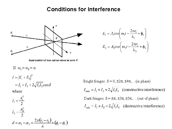 Conditions for Interference If 1 = 2 = Bright fringes: = 0, 2 ,