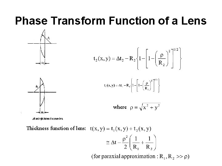 Phase Transform Function of a Lens where Thickness function of lens: 