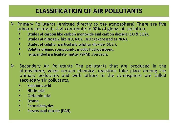 CLASSIFICATION OF AIR POLLUTANTS Ø Primary Pollutants (emitted directly to the atmosphere) There are CLASSIFICATION OF AIR POLLUTANTS Ø Primary Pollutants (emitted directly to the atmosphere) There are