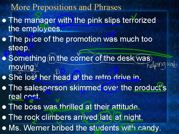 More Prepositions and Phrases l The manager with the pink slips terrorized the employees.