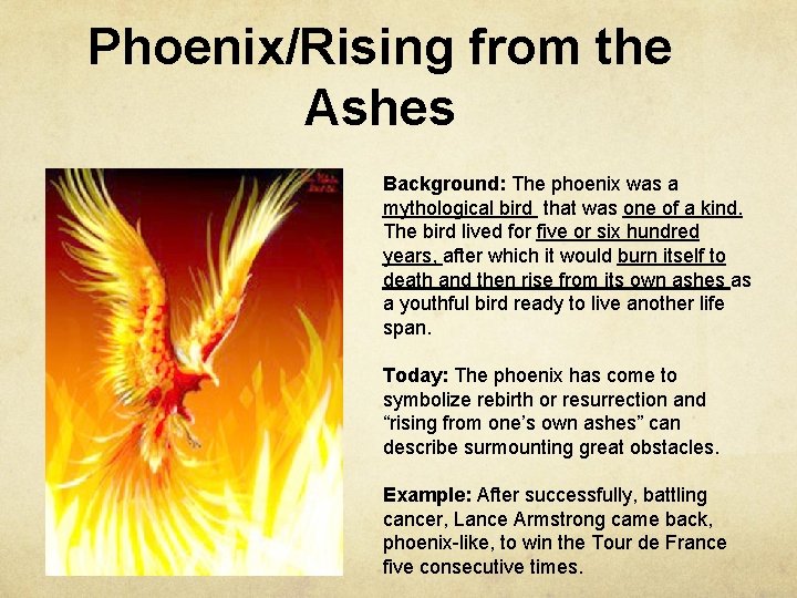 Phoenix/Rising from the Ashes Background: The phoenix was a mythological bird that was one
