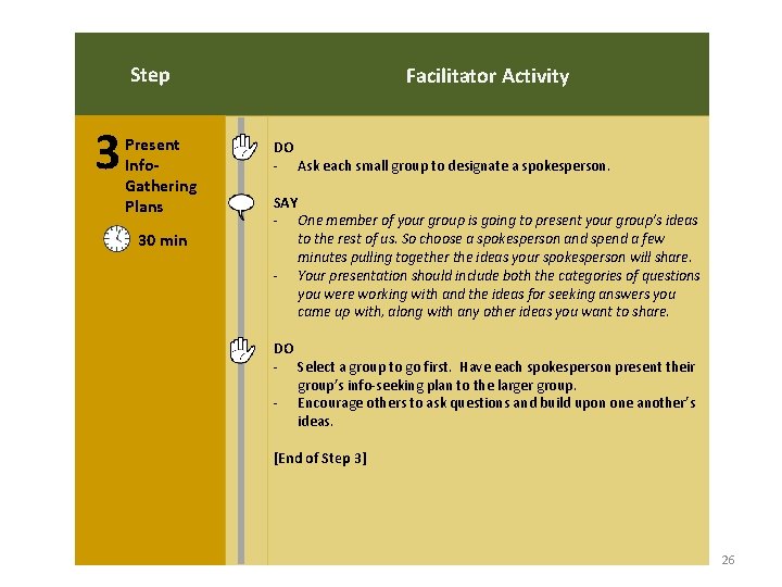 Step 3 Present Info. Gathering Plans 30 min Facilitator Activity DO - Ask each Step 3 Present Info. Gathering Plans 30 min Facilitator Activity DO - Ask each