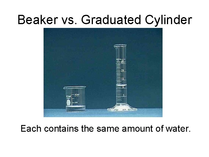 Beaker vs. Graduated Cylinder Each contains the same amount of water. 