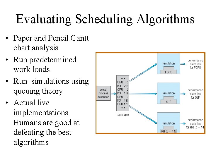 Evaluating Scheduling Algorithms • Paper and Pencil Gantt chart analysis • Run predetermined work