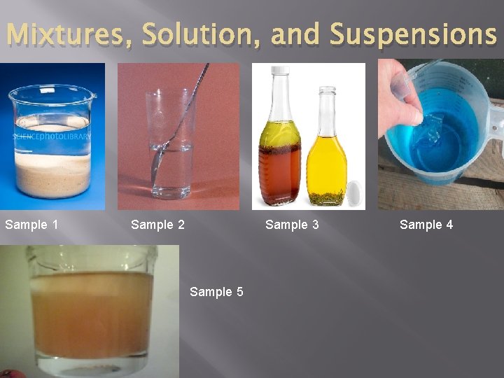 Mixtures, Solution, and Suspensions Sample 1 Sample 2 Sample 3 Sample 5 Sample 4
