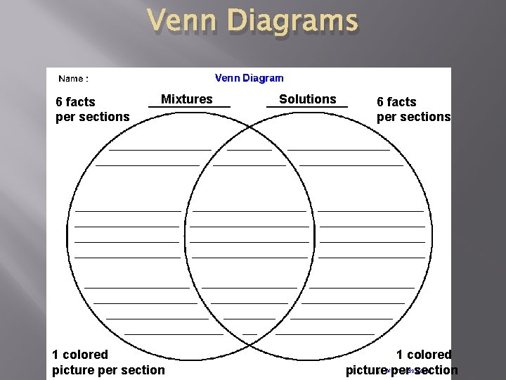 Venn Diagrams 6 facts per sections Mixtures 1 colored picture per section Solutions 6