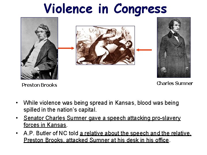 Violence in Congress Preston Brooks Charles Sumner • While violence was being spread in