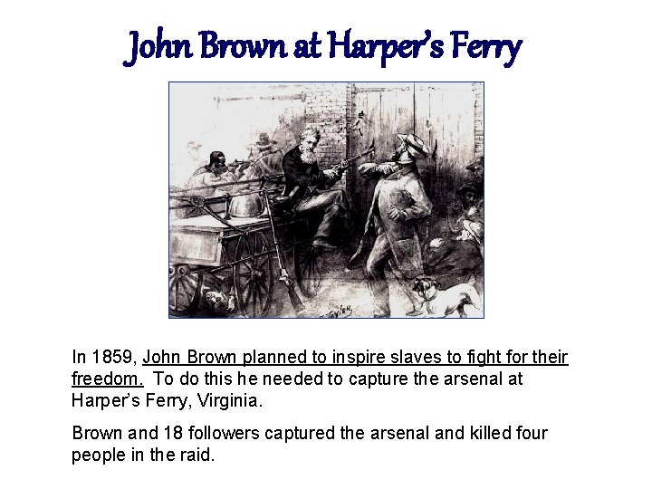 John Brown at Harper’s Ferry In 1859, John Brown planned to inspire slaves to