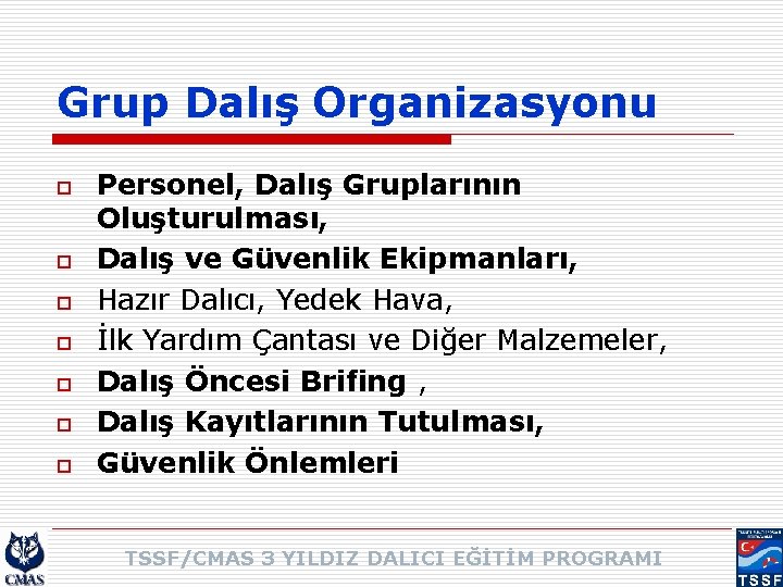 Grup Dalış Organizasyonu o o o o Personel, Dalış Gruplarının Oluşturulması, Dalış ve Güvenlik