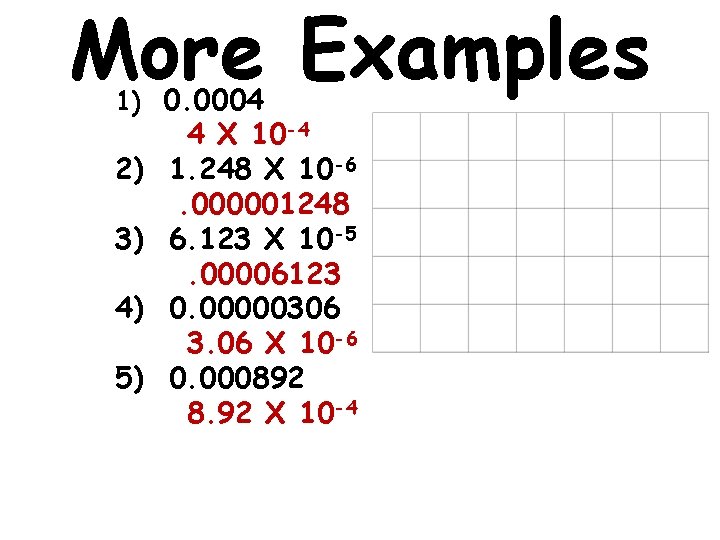 More Examples 1) 0. 0004 2) 3) 4) 5) 4 X 10 -4 1.