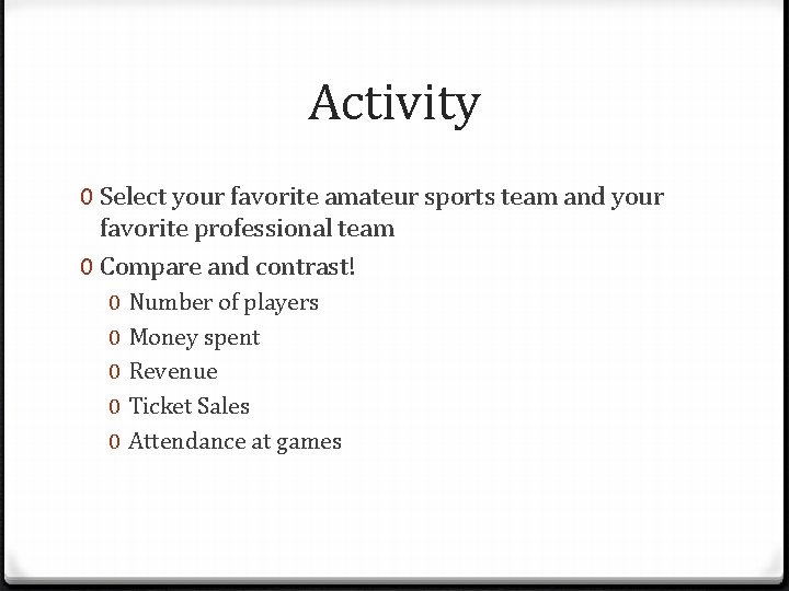 Activity 0 Select your favorite amateur sports team and your favorite professional team 0