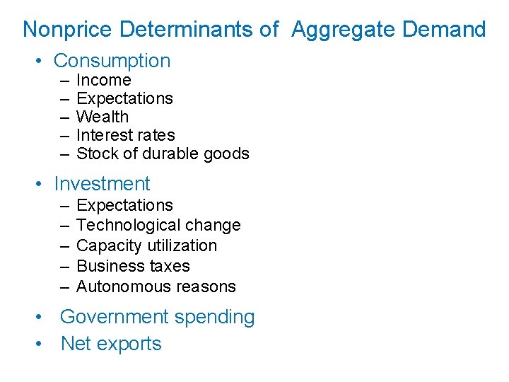 Nonprice Determinants of Aggregate Demand • Consumption – – – Income Expectations Wealth Interest Nonprice Determinants of Aggregate Demand • Consumption – – – Income Expectations Wealth Interest