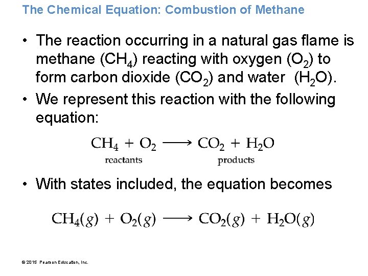 The Chemical Equation: Combustion of Methane • The reaction occurring in a natural gas