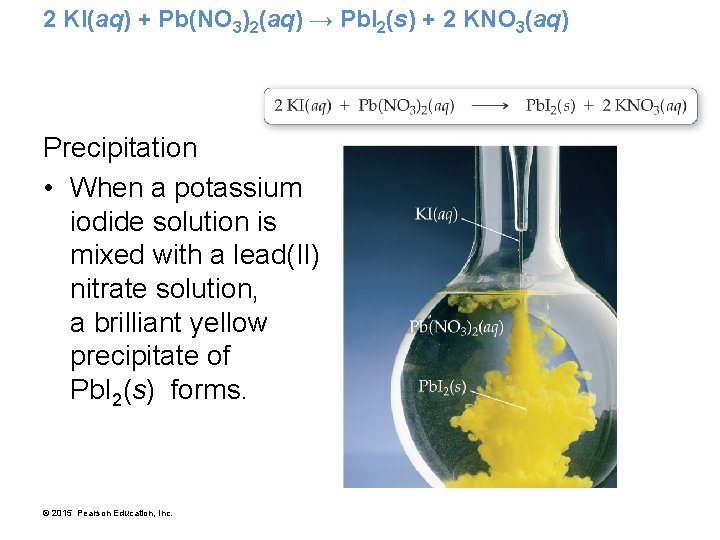 2 KI(aq) + Pb(NO 3)2(aq) → Pb. I 2(s) + 2 KNO 3(aq) Precipitation