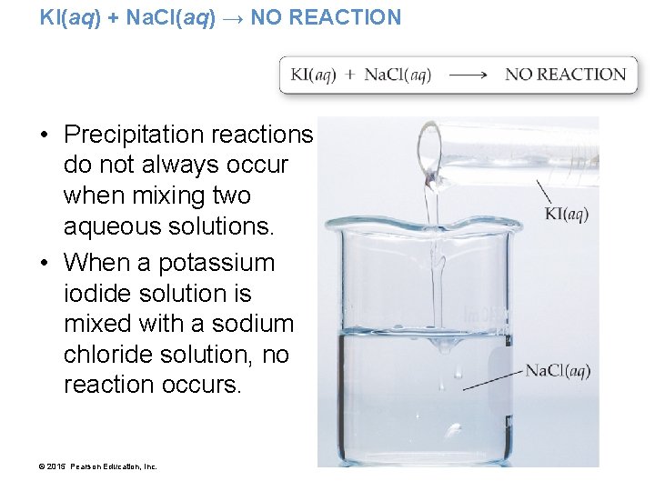 KI(aq) + Na. Cl(aq) → NO REACTION • Precipitation reactions do not always occur