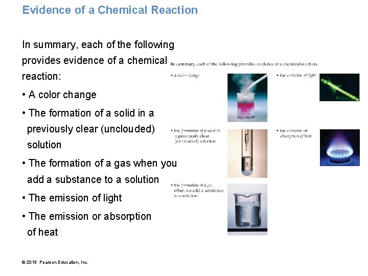 Evidence of a Chemical Reaction In summary, each of the following provides evidence of