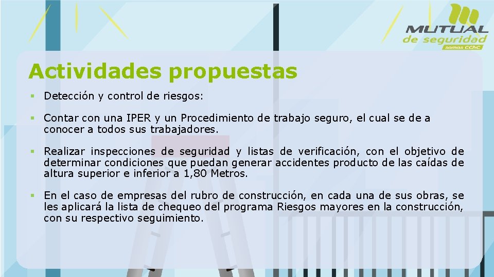 Actividades propuestas § Detección y control de riesgos: § Contar con una IPER y