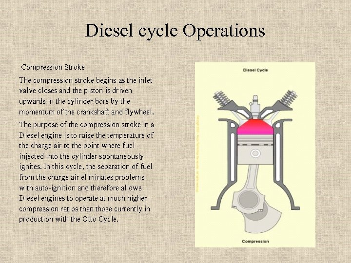 Diesel cycle Operations Compression Stroke The compression stroke begins as the inlet valve closes
