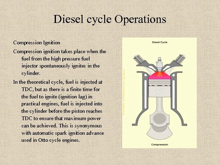 Diesel cycle Operations Compression Ignition Compression ignition takes place when the fuel from the