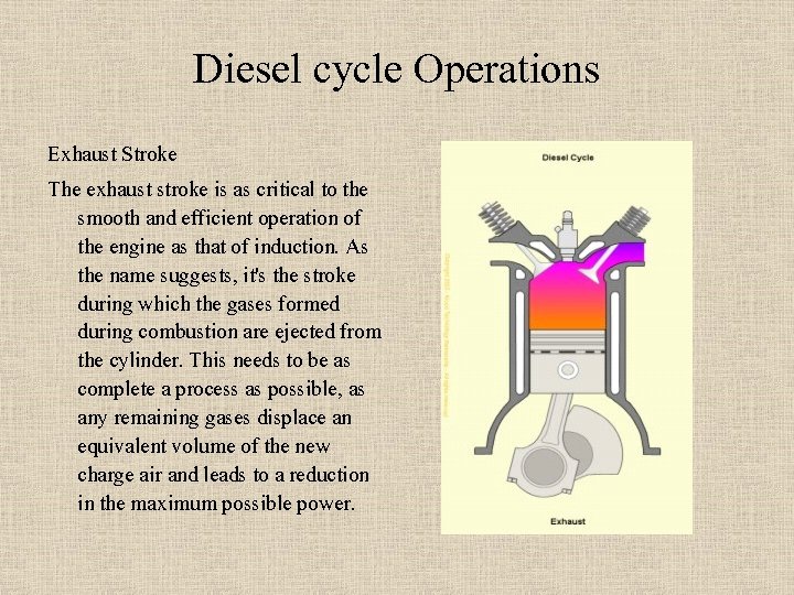 Diesel cycle Operations Exhaust Stroke The exhaust stroke is as critical to the smooth