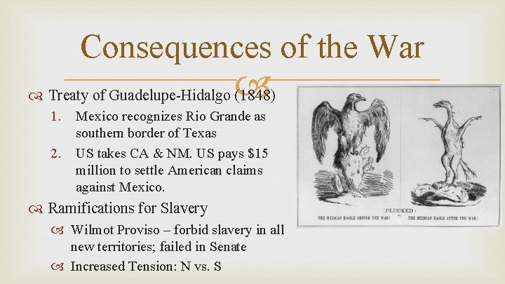 Consequences of the War Treaty of Guadelupe-Hidalgo (1848) 1. 2. Mexico recognizes Rio Grande