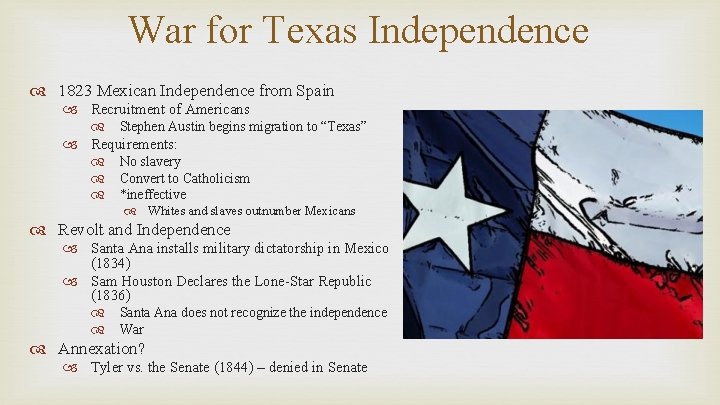 War for Texas Independence 1823 Mexican Independence from Spain Recruitment of Americans Stephen Austin