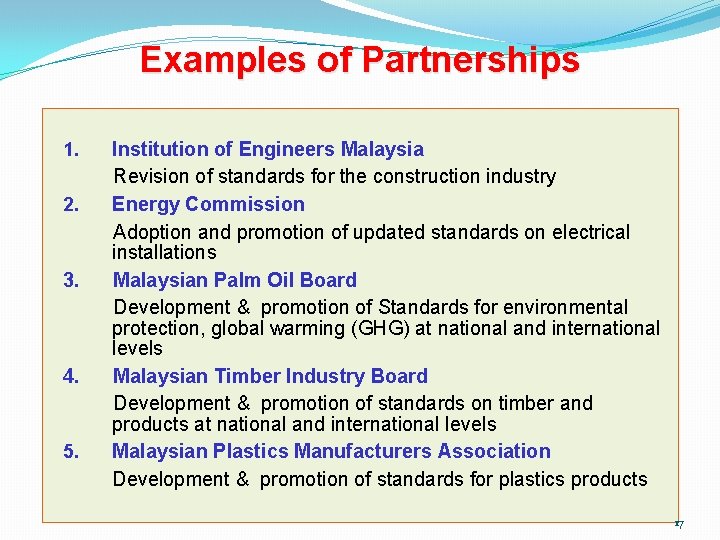 Examples of Partnerships 1. 2. 3. 4. 5. Institution of Engineers Malaysia Revision of