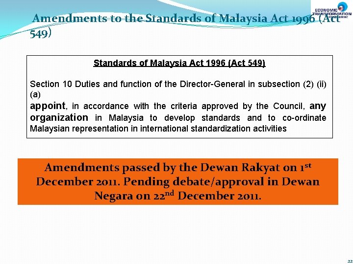 Amendments to the Standards of Malaysia Act 1996 (Act 549) Section 10 Duties and