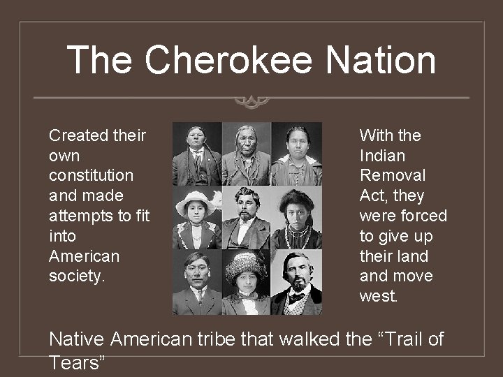 The Cherokee Nation Created their own constitution and made attempts to fit into American