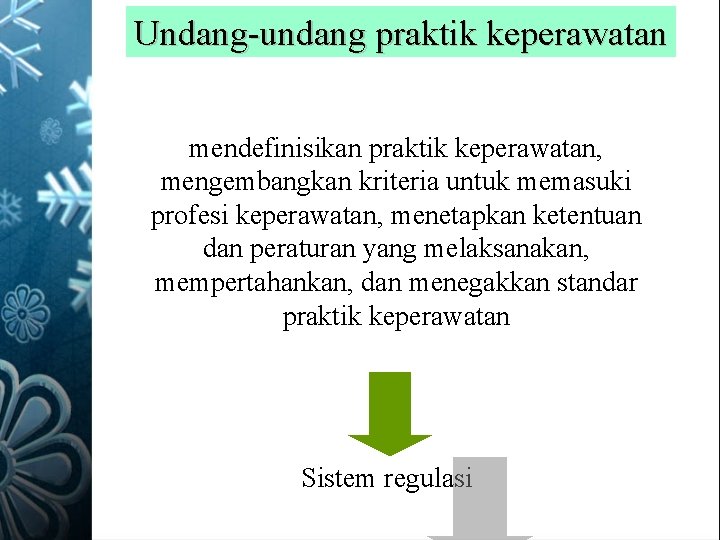 Undang-undang praktik keperawatan mendefinisikan praktik keperawatan, mengembangkan kriteria untuk memasuki profesi keperawatan, menetapkan ketentuan