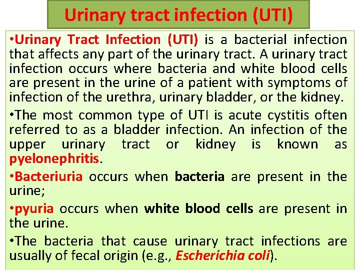 Urinary tract infection (UTI) • Urinary Tract Infection (UTI) is a bacterial infection that